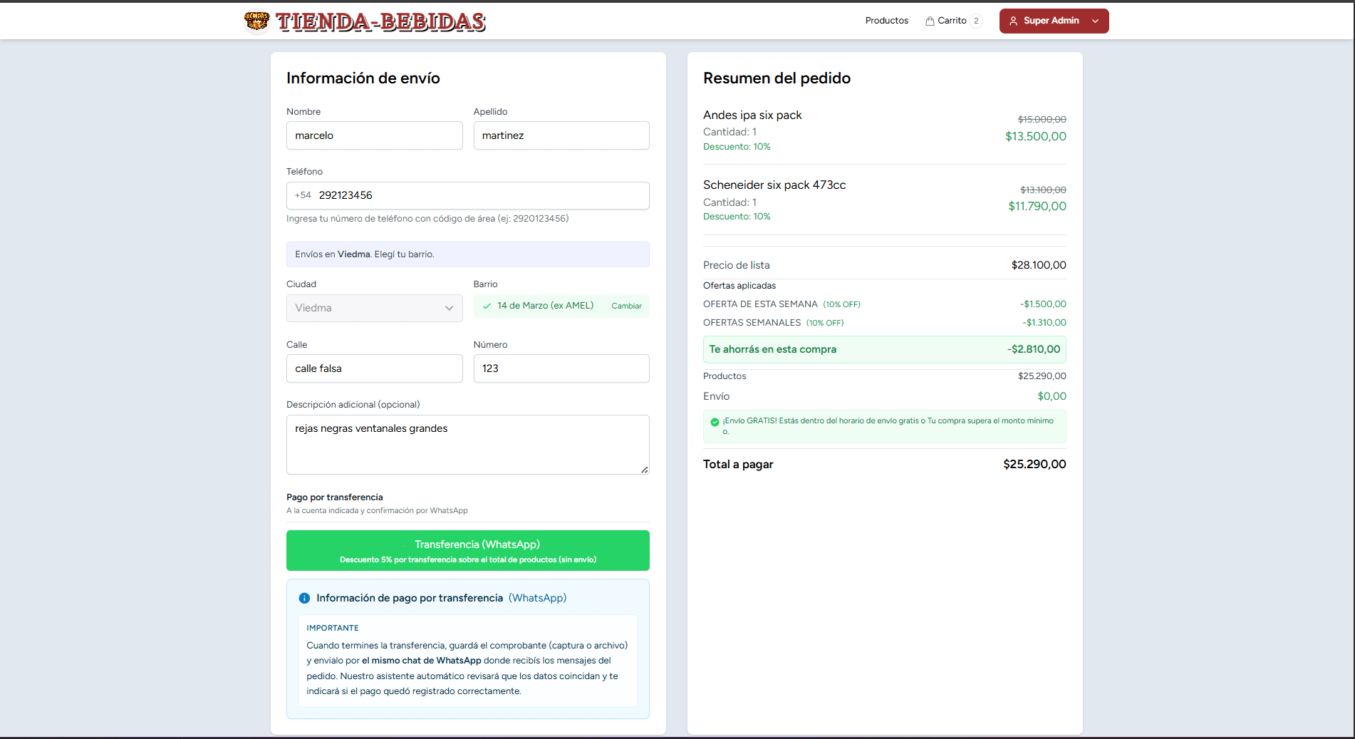 Pantalla de checkout con datos de envío y pago
