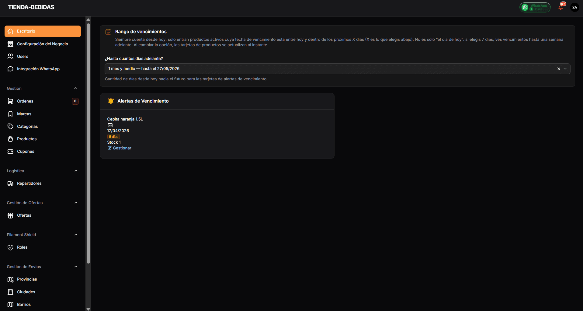 Panel de escritorio del administrador